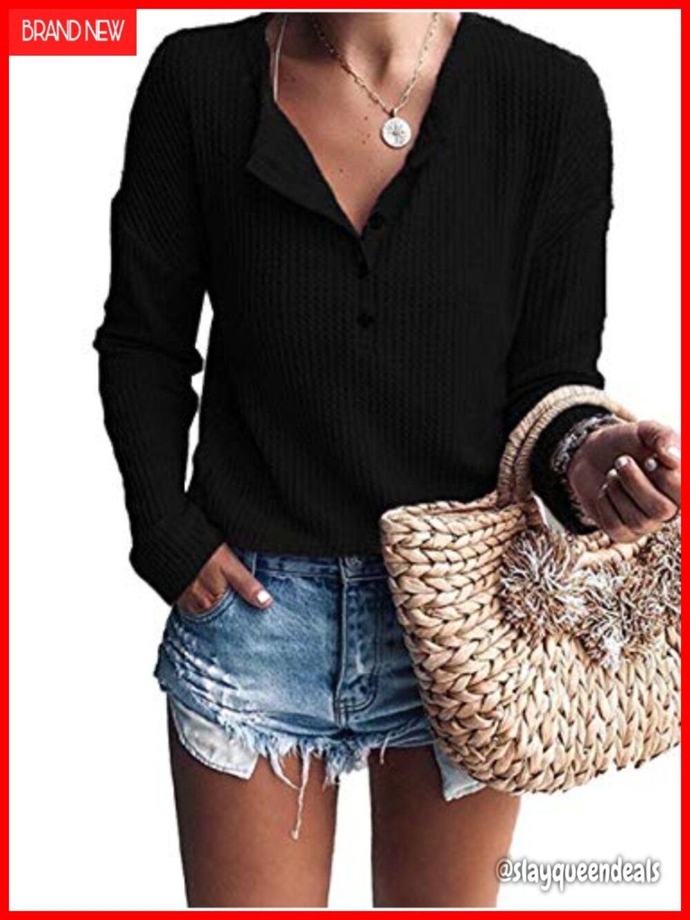 Waffle Knit Henley Tunic Top Long Sleeve Button Down Loose Fit Casual